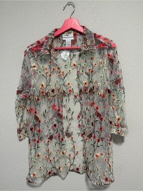 Draper's & Damon's Cottagecore Embroidered Mesh Button-Up Blouse – Size Large